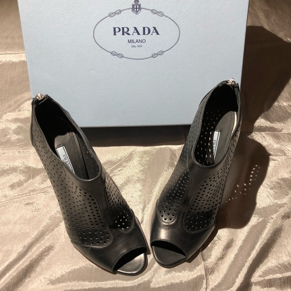 Prada Womens Perforated Leather Open Toe Booties